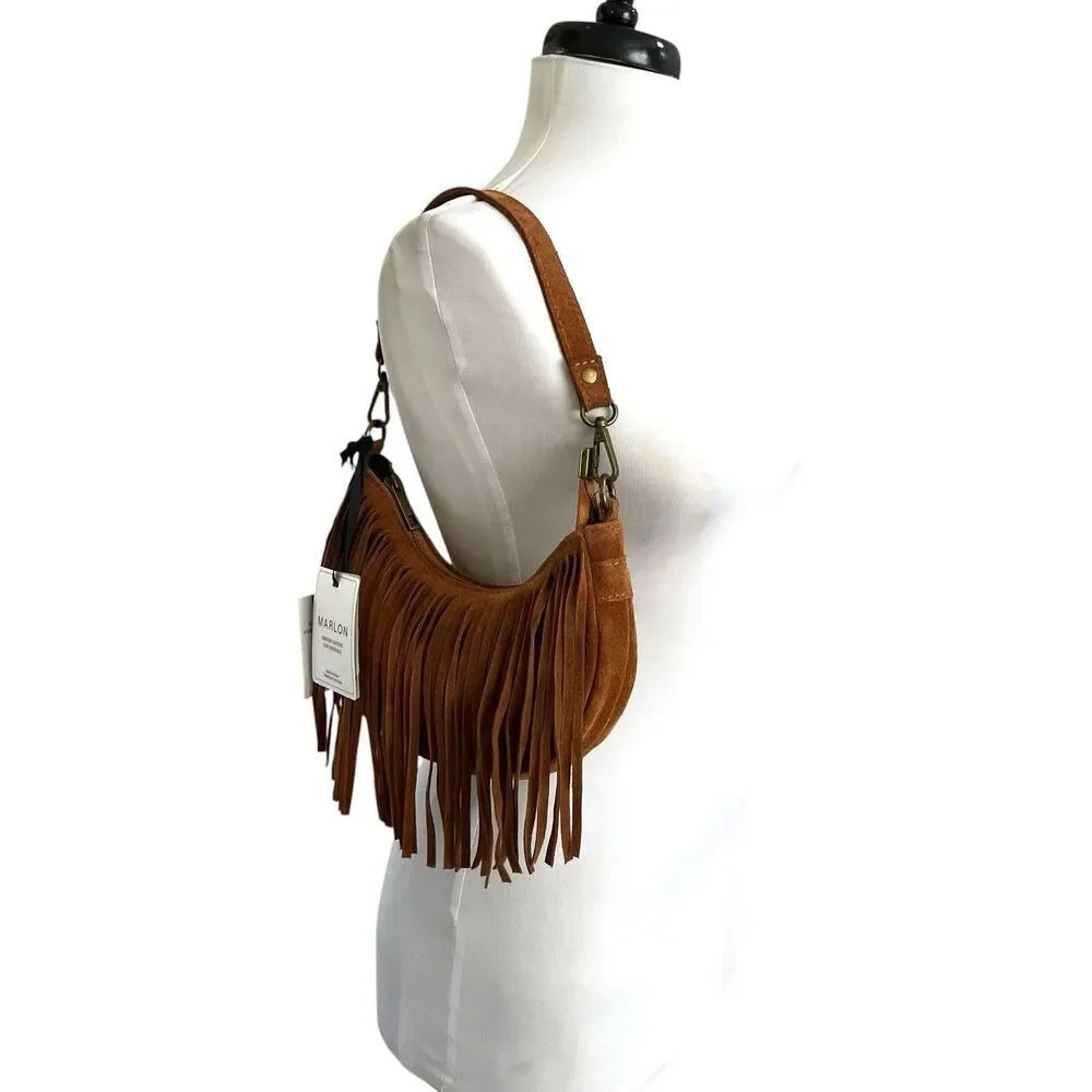 NWT Marlon Italy Suede Fringe Crescent Hobo Bag Brown Western Cowgirl Festival